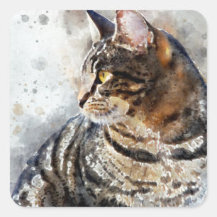 Adesivo Quadrado Tabby Grito Cat Watercolor Art