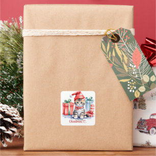 Adesivo Quadrado Tabby Kitten Em Santa Hat Feliz Natal