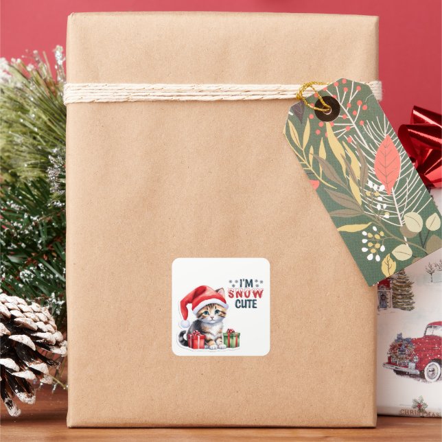 Adesivo Quadrado Tabby Kitten Em Santa Hat Feliz Natal (Feriado)