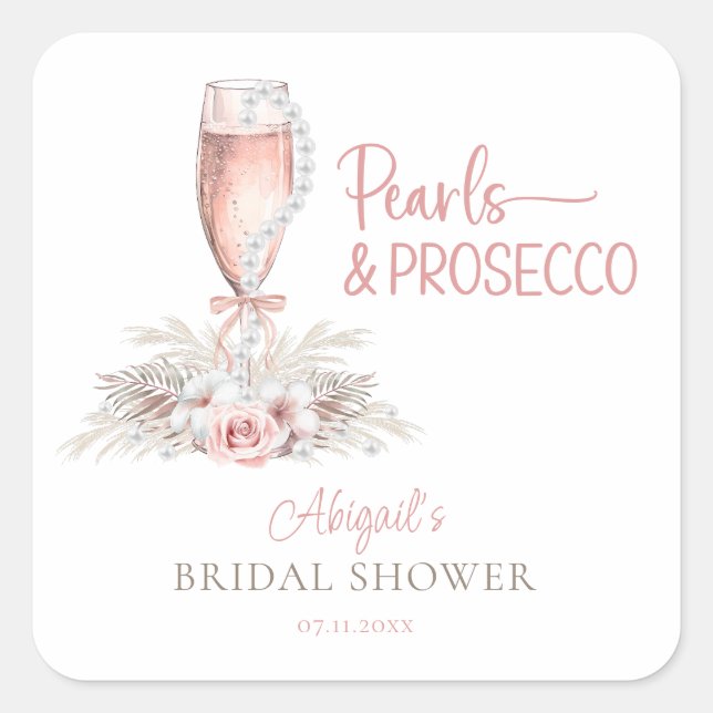 Adesivo Quadrado Taça de Champanhe Boho Pérolas e Prosecco Chá de N (Frente)