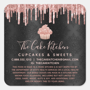 Adesivo Quadrado Taça de Cupcake de Glitter Rosa Dourado em Preto