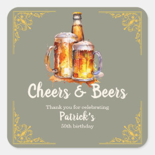 Adesivo Quadrado Taças de Cheers e Cerveja Garrafa 50º Aniversário