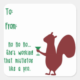 Adesivo Quadrado Tag engraçado do presente do Natal com esquilo