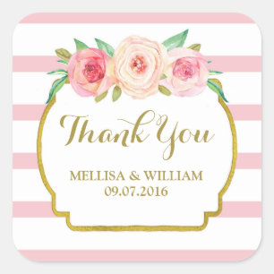 Adesivo Quadrado Tag florais cor-de-rosa Dourados do favor do