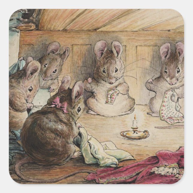 Adesivo Quadrado Tailor Mice costurando uma casaca Beatrix Potter 1 (Frente)