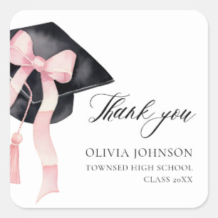 Adesivo Quadrado Tampa de Formatura Coquette com Laço Rosa Moderno 