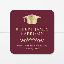 Adesivo Quadrado Tampa Dourada Elegante Graduação Vermelha Burgundy