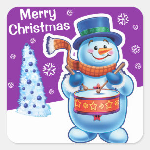 Adesivo Quadrado Tampão de Snowman, púrpura de Natal.