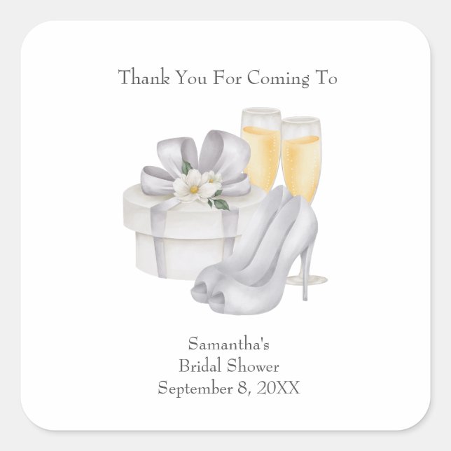 Adesivo Quadrado Tampas de Champanhe Sapatos de Noiva Favor de Chuv (Frente)