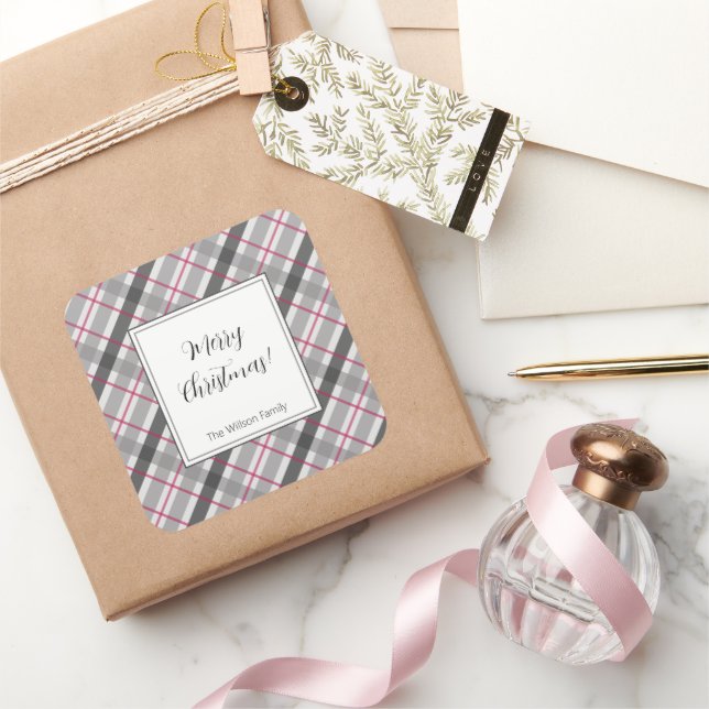 Adesivo Quadrado Tartan Balmoral Black Cinza Burgundy Monogramed (Presentear)