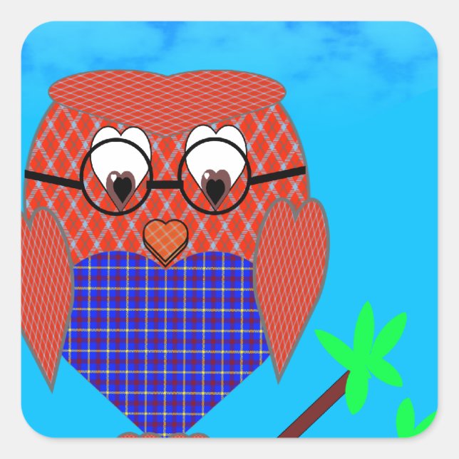 Adesivo Quadrado Tartan e Hearts Owl (Frente)