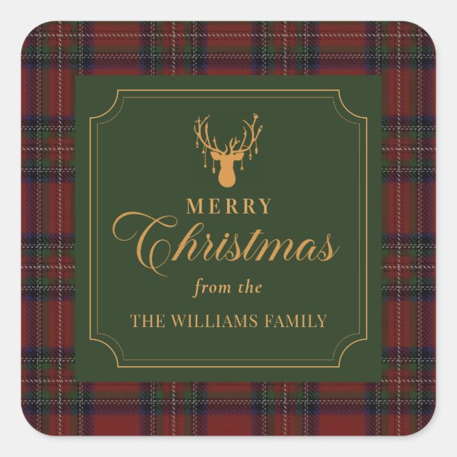 Adesivo Quadrado Tartan Plaid Merry Christmas Family Sticker  (Frente)