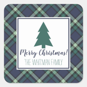 Adesivo Quadrado Tartan Plaid Natal, Azul Marinho e Verde Feriado