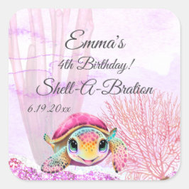 Adesivo Quadrado Tartaruga 4º Aniversário, Sob o Mar