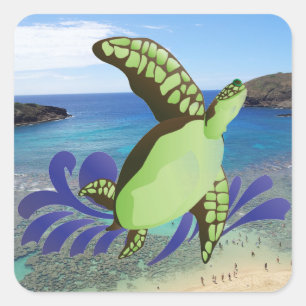 Adesivo Quadrado Tartaruga de Oahu da baía de Havaí Hanauma