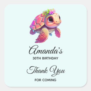Adesivo Quadrado Tartaruga-do-mar rosa (Whimsical & Cute Birday)