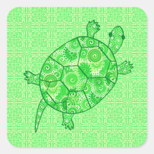 Adesivo Quadrado Tartaruga-espiral fractal - limão e esmeralda ver