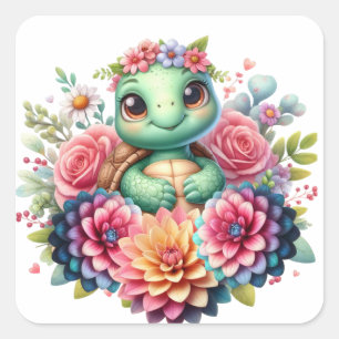 Adesivo Quadrado Tartaruga Floral Adorável