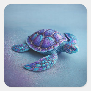 Adesivo Quadrado Tartaruga Marinha Colorida Azul Roxo Turquesa