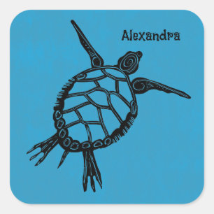 Adesivo Quadrado Tartaruga-marinha Xilogravura