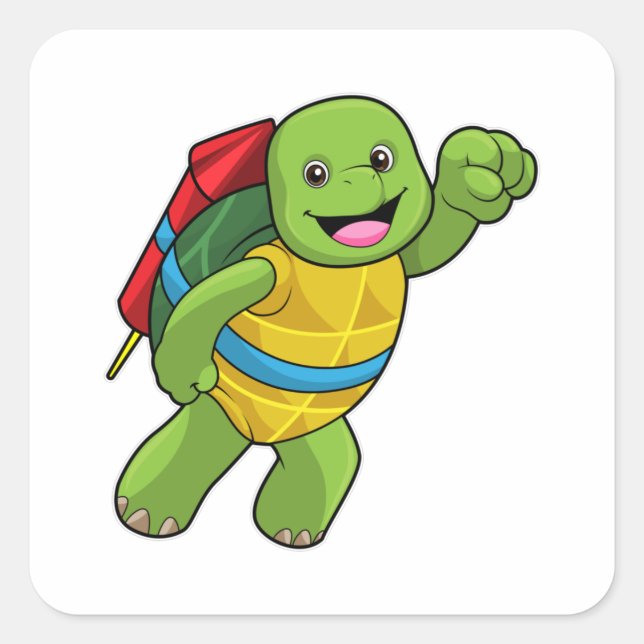 Adesivo Quadrado Tartaruga voando com foguete (Frente)