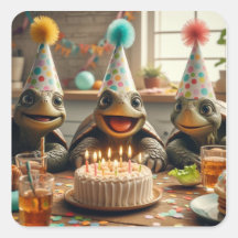 Tartarugas celebrando aniversário com bolo e chapé