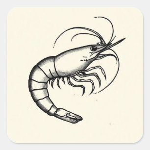 Adesivo Quadrado Tatuagem Flash de Camarão Preto e Branco Arte Trad