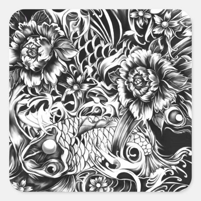 Adesivo Quadrado Tatuagem japonesa branca e negra. (Frente)