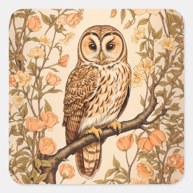Adesivo Quadrado Tawny Owl Peach Blossoms William Morris Inspirado (Frente)