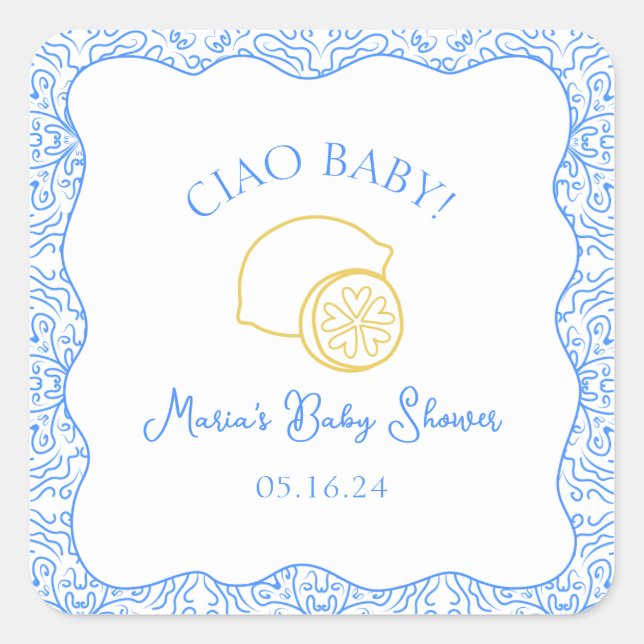 Adesivo Quadrado Tchau, bebê! Chá de fraldas italiano Lemon Blue (Frente)