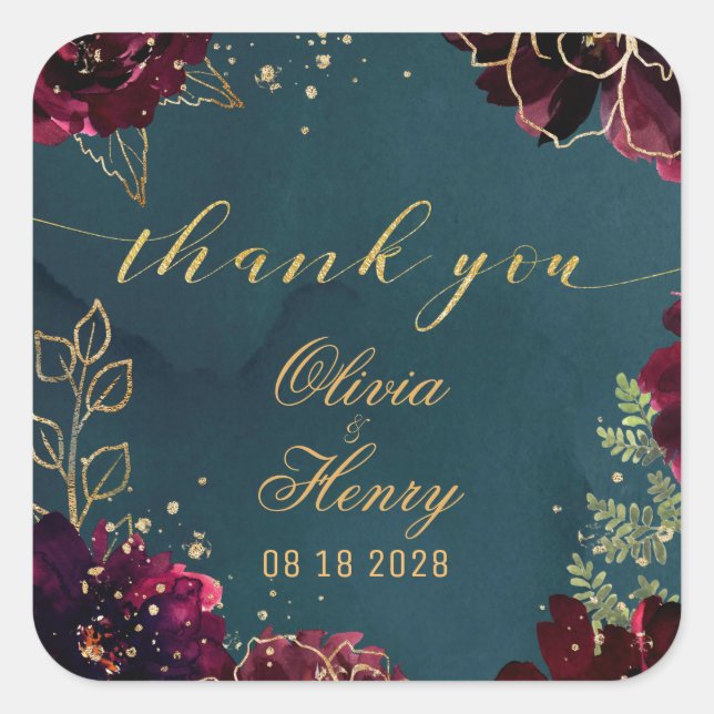 Adesivo Quadrado Teal Bordeaux Jewel Tones Casamento Obrigado 2 (Frente)