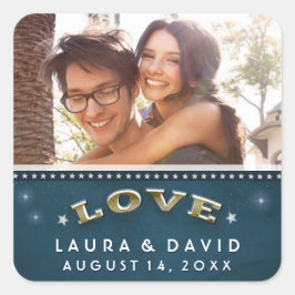 Adesivo Quadrado Teal Dourado e White Stars Love PHOTO Weding