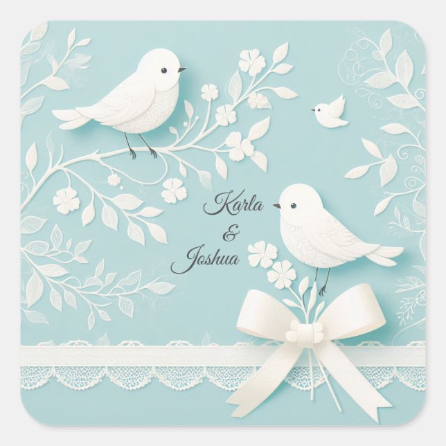 Adesivo Quadrado Teal pálido com rendas românticas e casamentos de  (Frente)