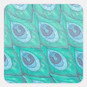 Adesivo Quadrado Teal Peacock Feather Design