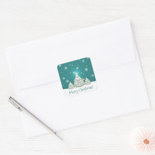 Adesivo Quadrado Teal Snowy Vinheta de Árvore de Natal