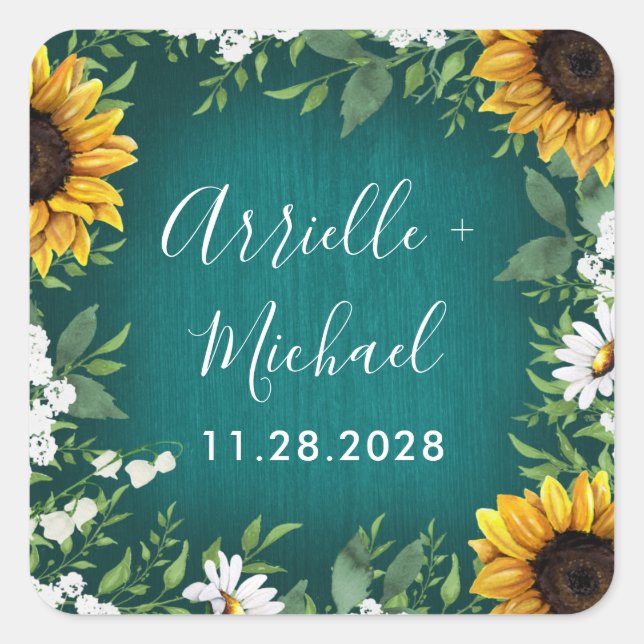 Adesivo Quadrado Teal Sunflower Rustic Wedes Favorece Stickers (Frente)