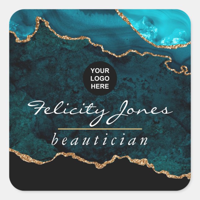 Adesivo Quadrado Teal - Turquesa e Dourada Geode Agate Corporate (Frente)