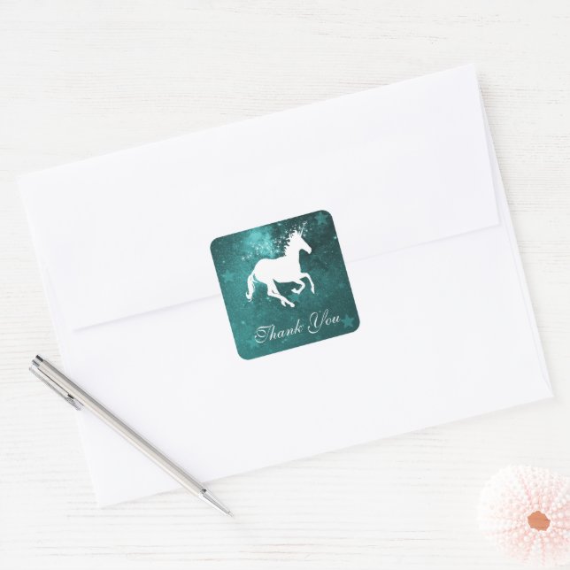 Adesivo Quadrado Teal Unicorn, Obrigado, Stickers (Envelope)