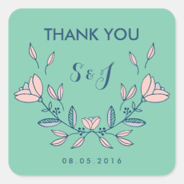 Adesivo Quadrado Teal Vintage Flower Weding Obrigado Sticker