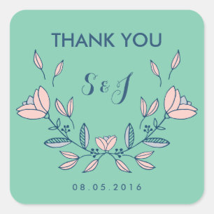Adesivo Quadrado Teal Vintage Flower Weding Obrigado Sticker