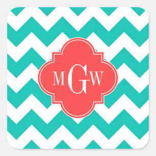 Adesivo Quadrado Teal White Chevron Coral Quatrefoil 3 Monograma