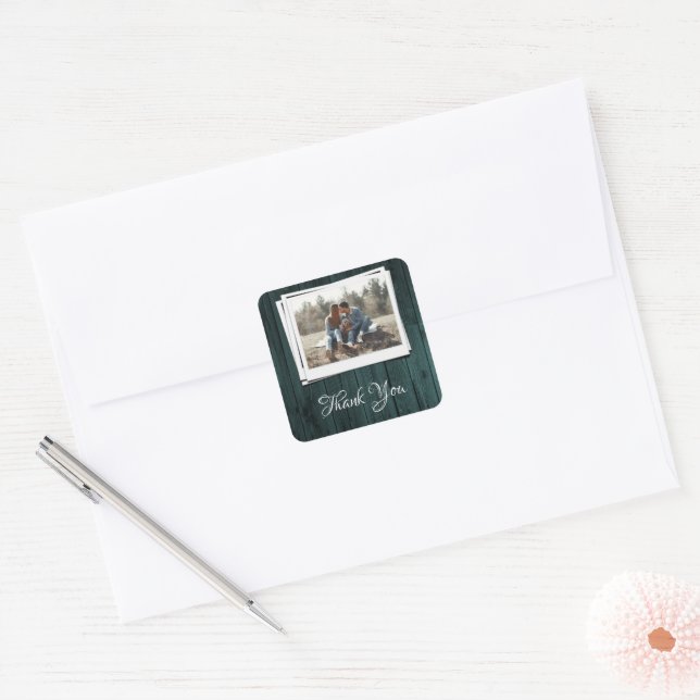 Adesivo Quadrado Teal Wooden Foto Obrigado Stickers (Envelope)