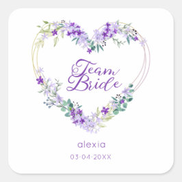 Adesivo Quadrado Team Bride Quote & Floral Purple Heart for Wedding
