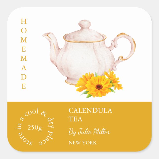Adesivo Quadrado Teapot Calendula Tea Label (Frente)