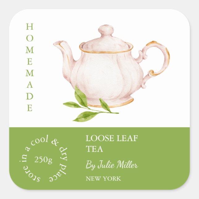 Adesivo Quadrado Teapot Loose Leaf Tea Label (Frente)