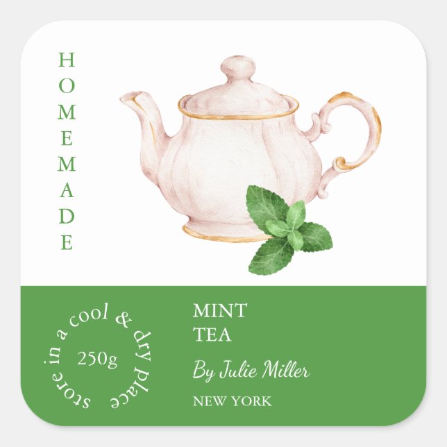 Adesivo Quadrado Teapot Mint Tea Label (Frente)
