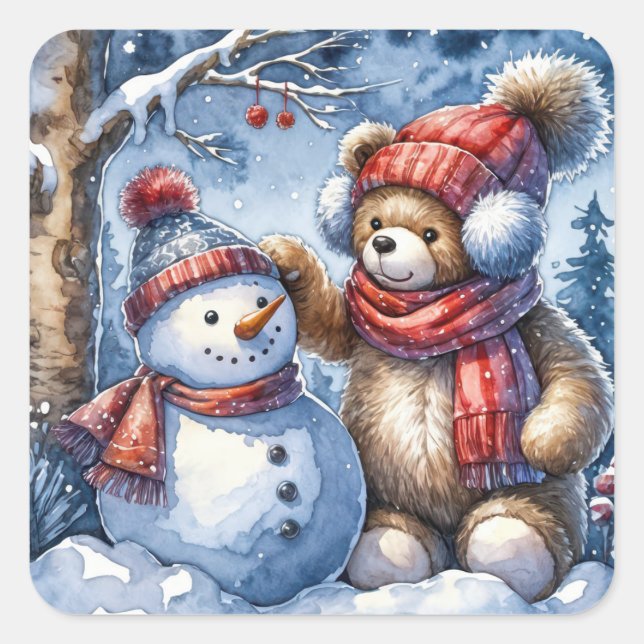 Adesivo Quadrado Teddy Bear e Snowman (Frente)