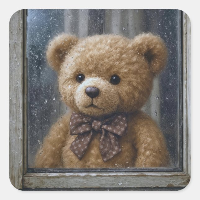 Adesivo Quadrado Teddy Bear Gazing Out of a Rainy Window (Frente)