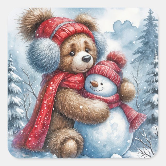 Adesivo Quadrado Teddy Bear Hugging a Snowman (Frente)