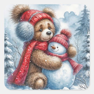 Adesivo Quadrado Teddy Bear Hugging a Snowman